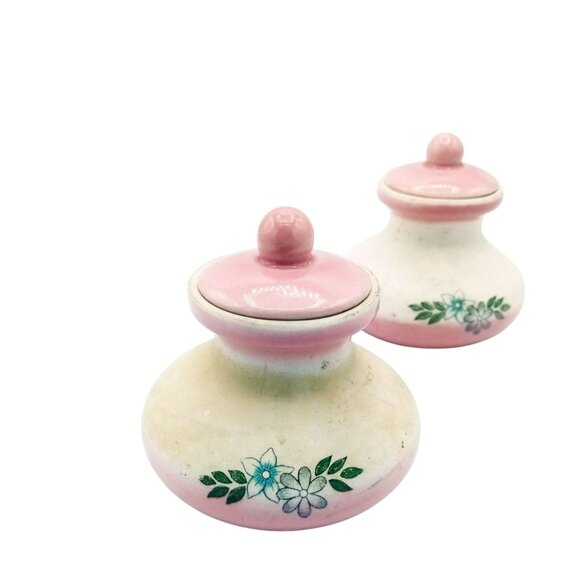 Vanity Jars Porcelain Vintage Pink White Pottery Lids Flowers 2 Inch Miniature - Picture 5 of 15
